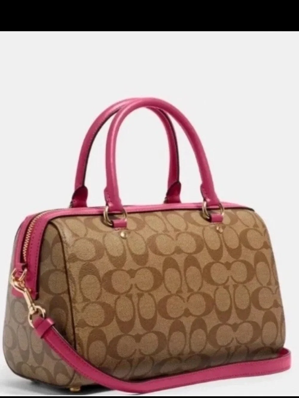 Coach Khaki & Dark Fuchsia Pink Rowan Signature Canvas Satchel Crossbody Handbag